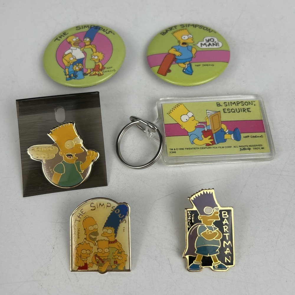 Vintage The Simpsons Keychain And Pin‎ Set Six Items Total